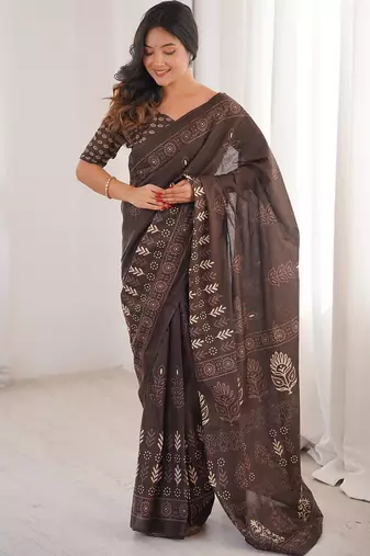 Brown bloue piece with cotton printed saree