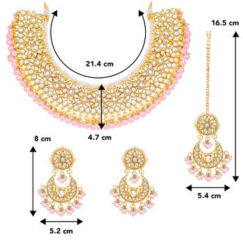 Aheli pink kundan choker necklace earrings with maang tikka jewellery set 4