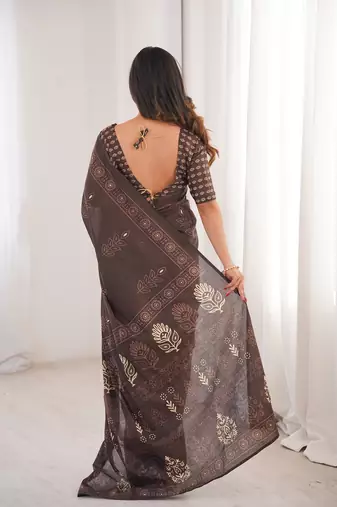 Brown bloue piece with cotton printed saree