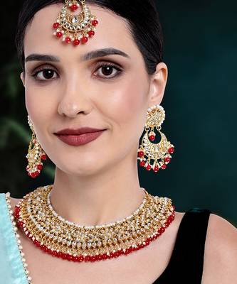 Aheli red kundan choker necklace earrings with maang tikka jewellery set 1