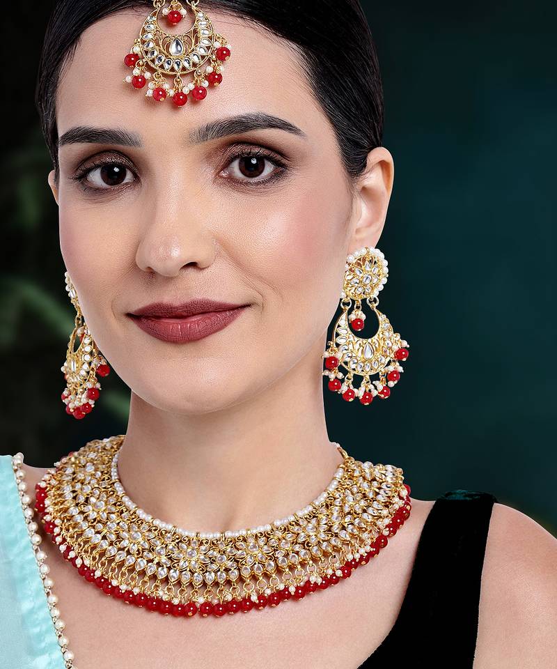 Aheli red kundan choker necklace earrings with maang tikka jewellery set