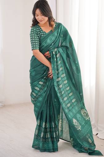 Green bloue piece with cotton printed saree