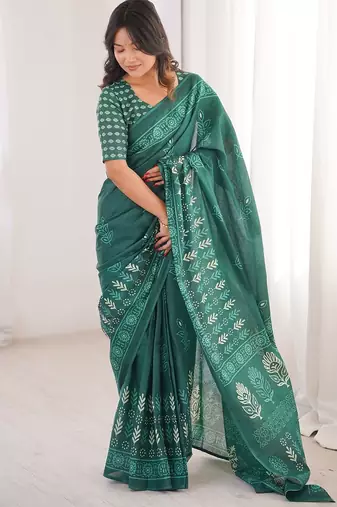 Green bloue piece with cotton printed saree