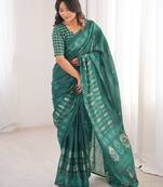Green bloue piece with cotton printed saree