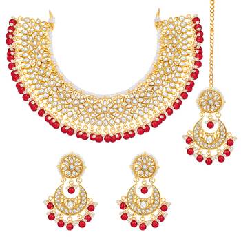 Aheli red kundan choker necklace earrings with maang tikka jewellery set 3