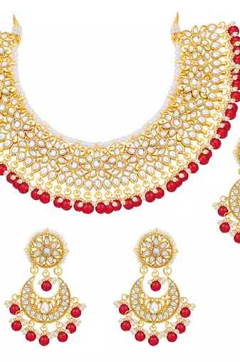 Aheli red kundan choker necklace earrings with maang tikka jewellery set