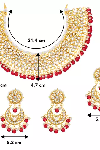 Aheli red kundan choker necklace earrings with maang tikka jewellery set