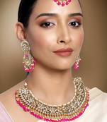 Aheli rani pink kundan choker necklace earrings with maang tikka jewellery set