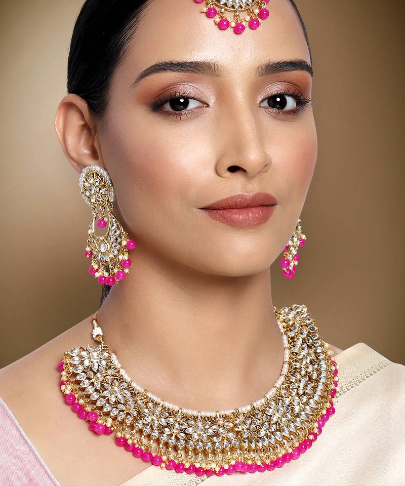 Aheli rani pink kundan choker necklace earrings with maang tikka jewellery set
