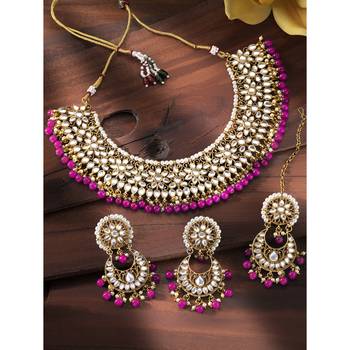 Aheli rani pink kundan choker necklace earrings with maang tikka jewellery set 2