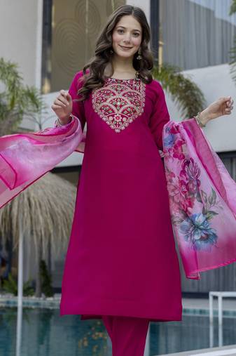 Stylish rani pink embroidered kurta set with soft floral dupatta