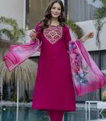 Stylish rani pink embroidered kurta set with soft floral dupatta