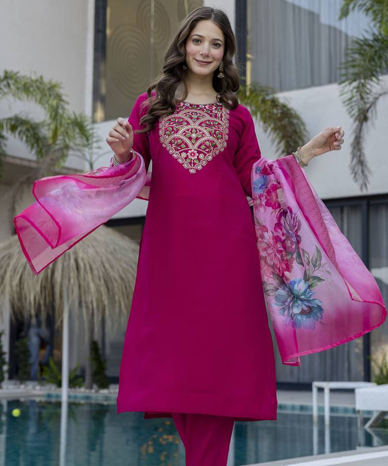 Stylish rani pink embroidered kurta set with soft floral dupatta