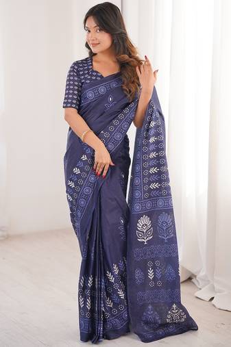 Indigo bloue piece with cotton printed saree