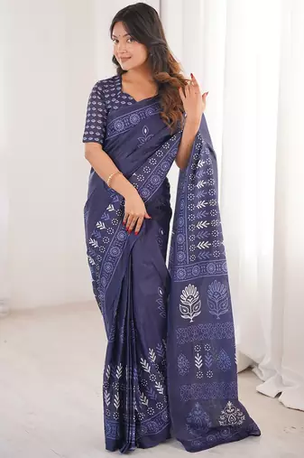 Indigo bloue piece with cotton printed saree