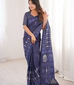 Indigo bloue piece with cotton printed saree