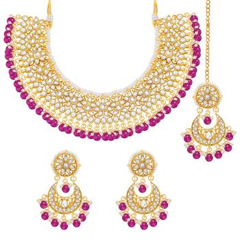 Aheli rani pink kundan choker necklace earrings with maang tikka jewellery set 3