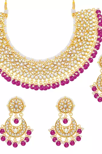 Aheli rani pink kundan choker necklace earrings with maang tikka jewellery set