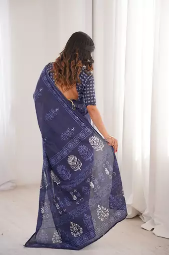 Indigo bloue piece with cotton printed saree
