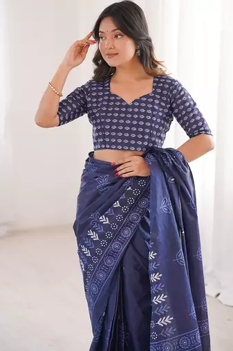 Indigo bloue piece with cotton printed saree