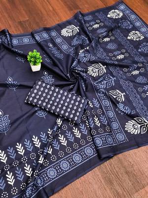 Indigo bloue piece with cotton printed saree 5