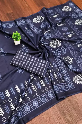 Indigo bloue piece with cotton printed saree