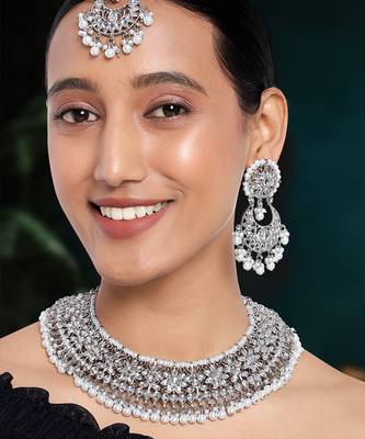 Aheli white kundan choker necklace earrings with maang tikka jewellery set 1