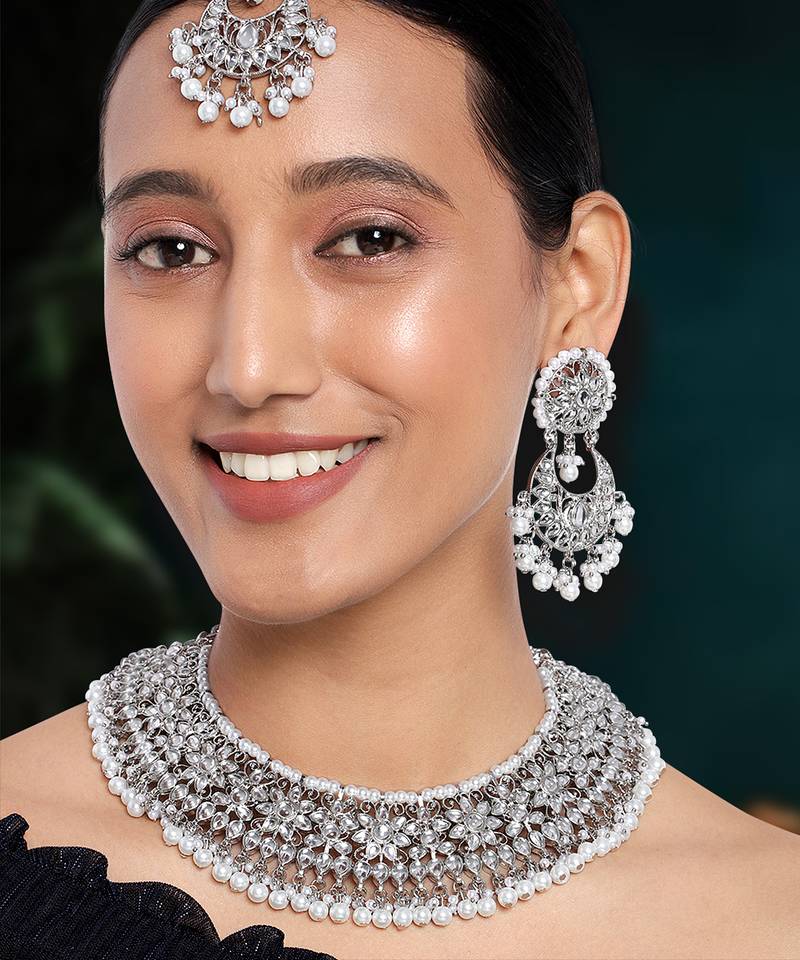Aheli white kundan choker necklace earrings with maang tikka jewellery set