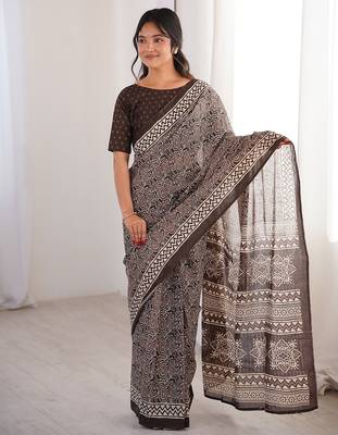 Brown bloue piece with cotton printed saree 1