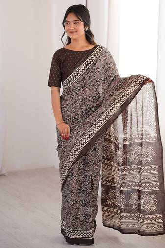 Brown bloue piece with cotton printed saree