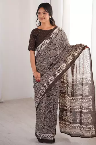 Brown bloue piece with cotton printed saree
