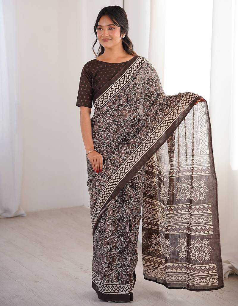 Brown bloue piece with cotton printed saree