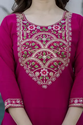 Stylish rani pink embroidered kurta set with soft floral dupatta