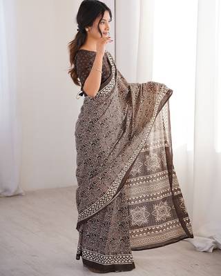 Brown bloue piece with cotton printed saree 2