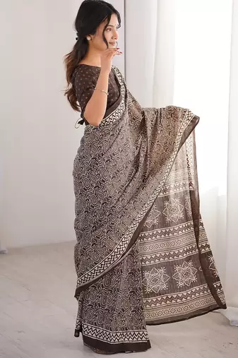 Brown bloue piece with cotton printed saree
