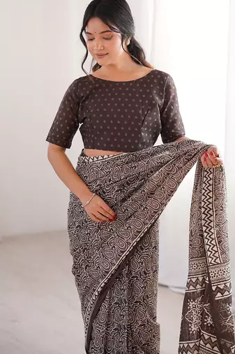 Brown bloue piece with cotton printed saree
