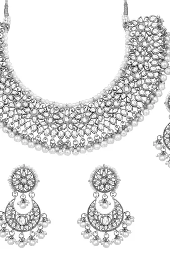 Aheli white kundan choker necklace earrings with maang tikka jewellery set