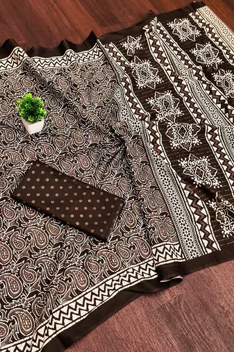 Brown bloue piece with cotton printed saree