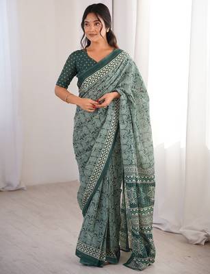 Green bloue piece with cotton printed saree 1