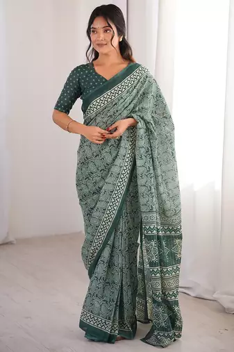 Green bloue piece with cotton printed saree