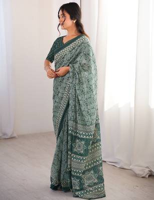 Green bloue piece with cotton printed saree 2