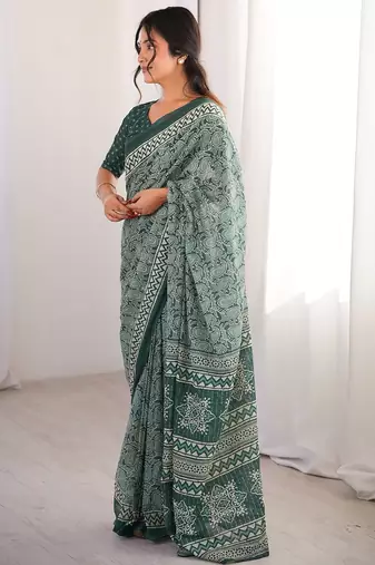 Green bloue piece with cotton printed saree