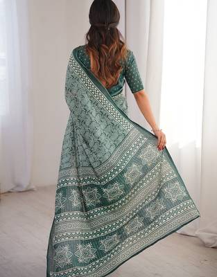 Green bloue piece with cotton printed saree 3