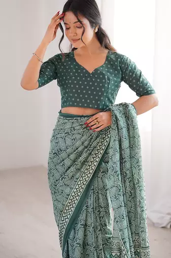 Green bloue piece with cotton printed saree