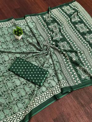 Green bloue piece with cotton printed saree 5