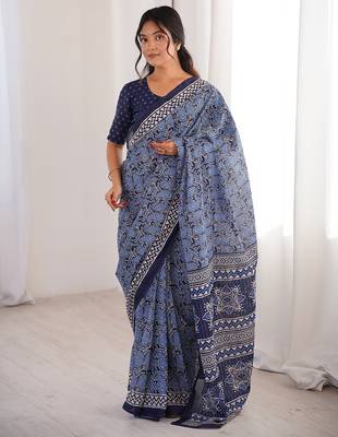 Indigo bloue piece with cotton printed saree 1