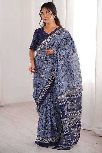 Indigo bloue piece with cotton printed saree
