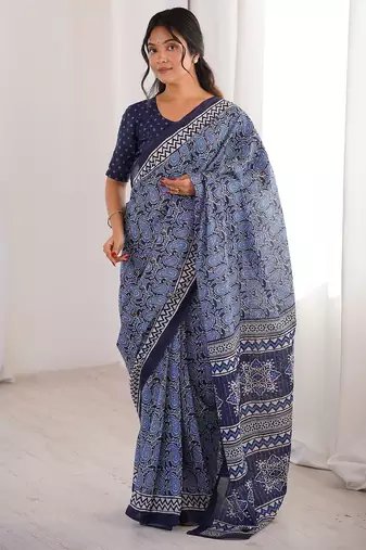 Indigo bloue piece with cotton printed saree