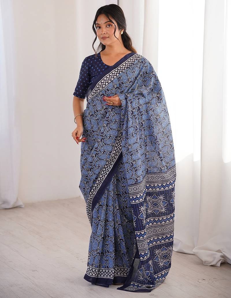 Indigo bloue piece with cotton printed saree