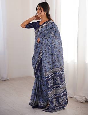 Indigo bloue piece with cotton printed saree 2